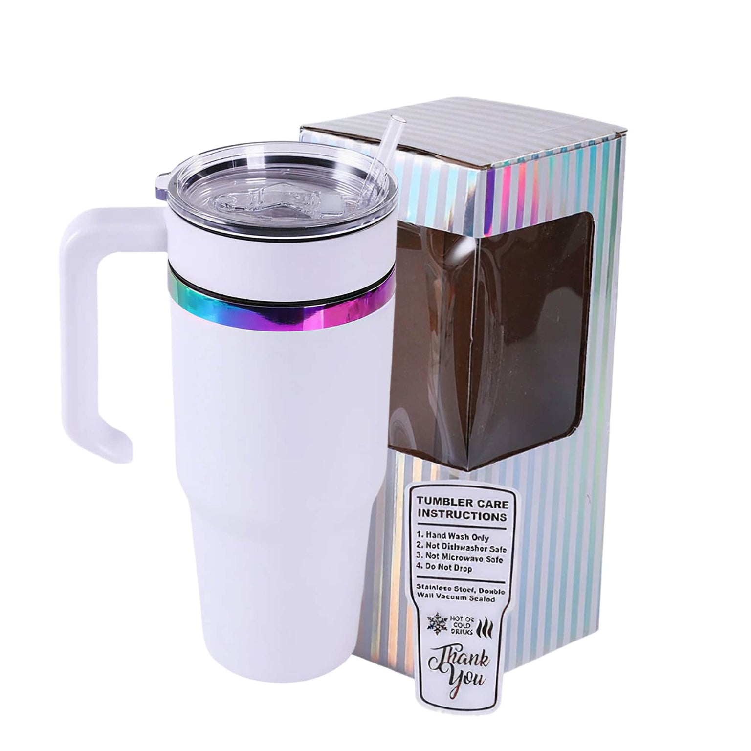 30oz electroplated tumbler with handle, rainbow electroplating with white powder coated finish