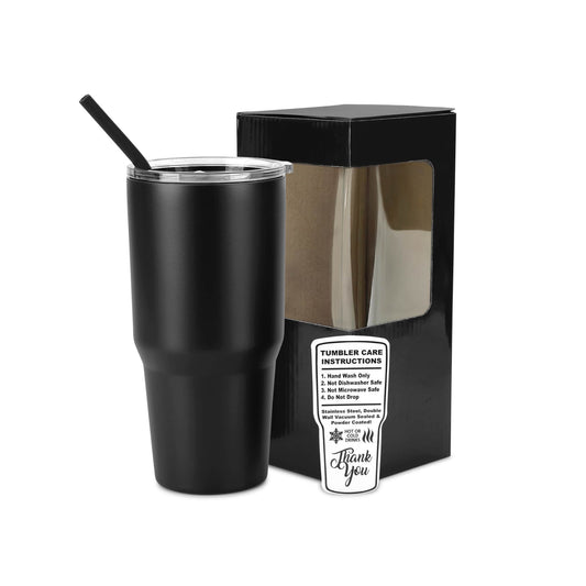 30oz tumbler, black, powder coated stainless steel