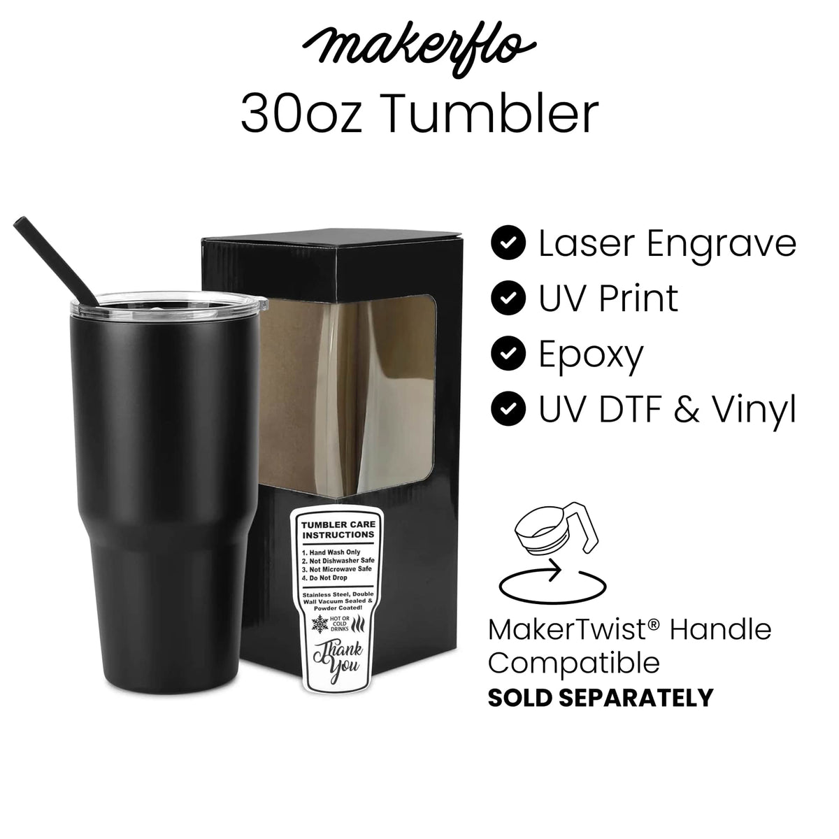 Black tumbler with packaging and text about Makerflo product features on a white background