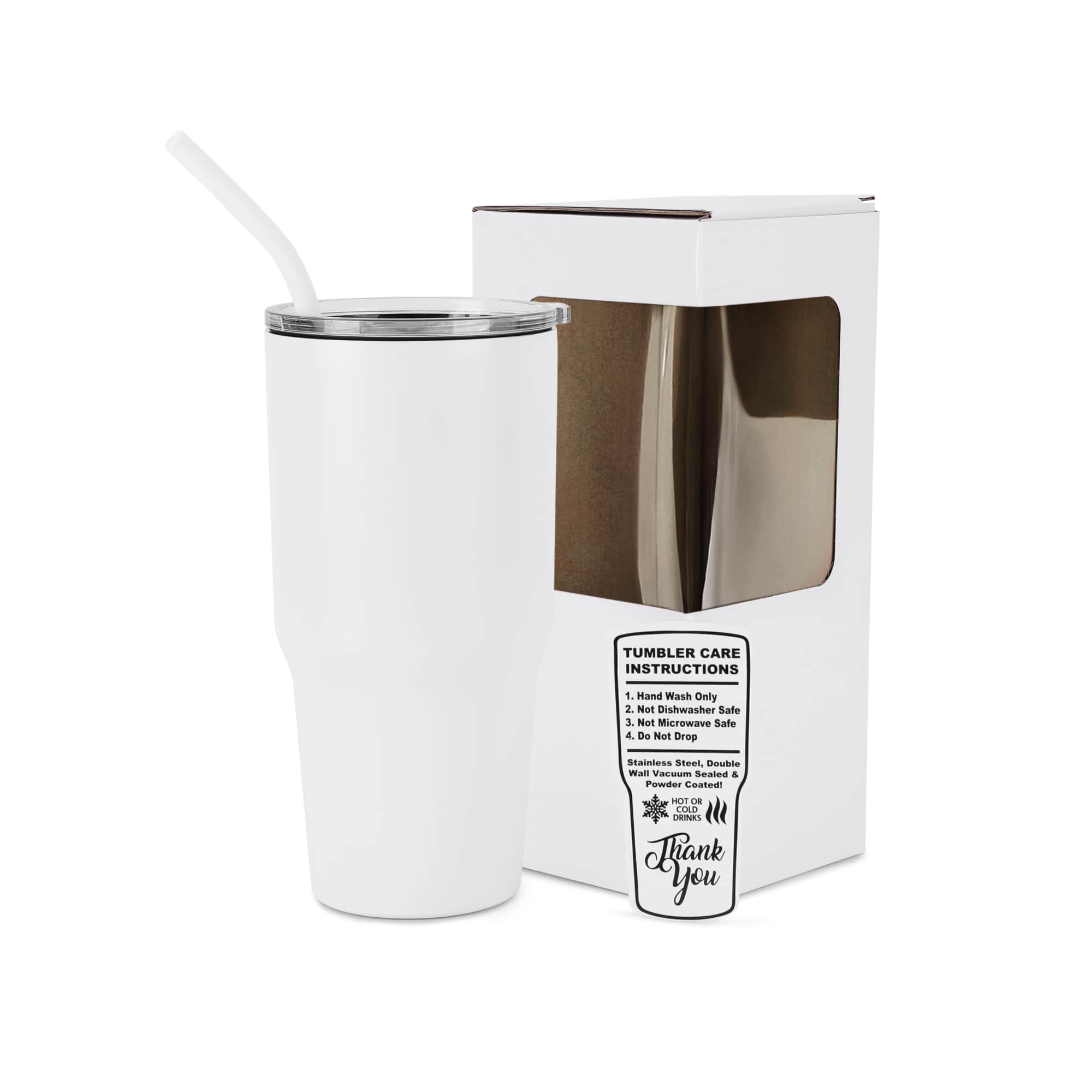 30oz tumbler, white, powder coated stainless steel