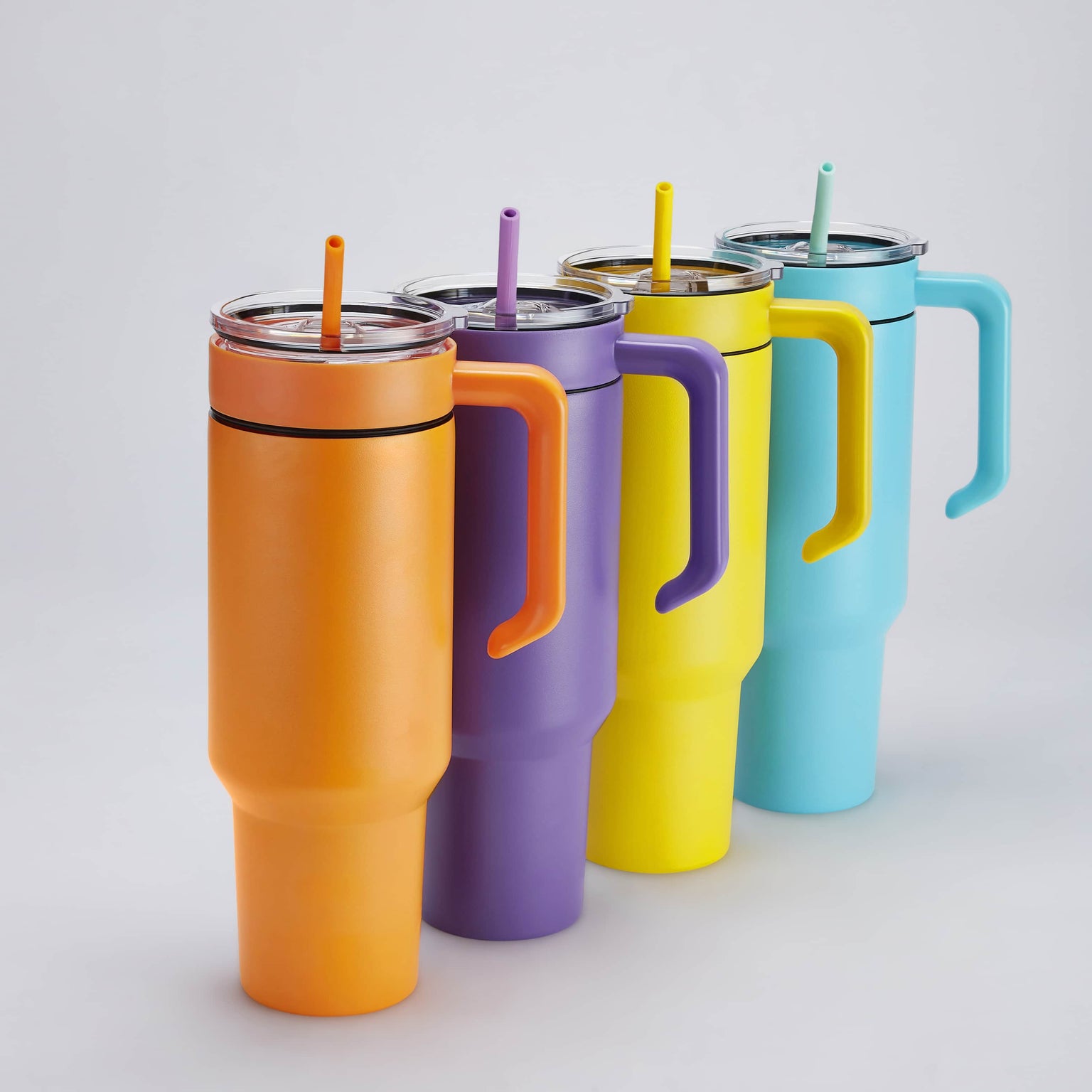 40oz tumbler with handle, orange, purple, yellow, teal