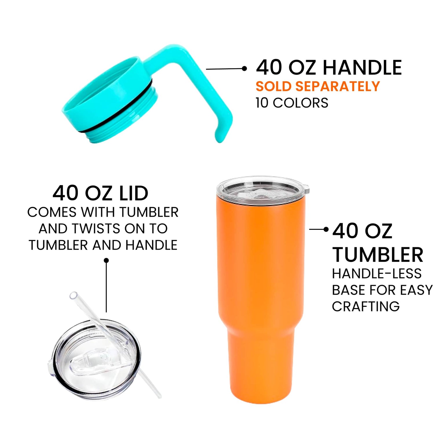 40 oz tumbler, lid fits tumbler and handle