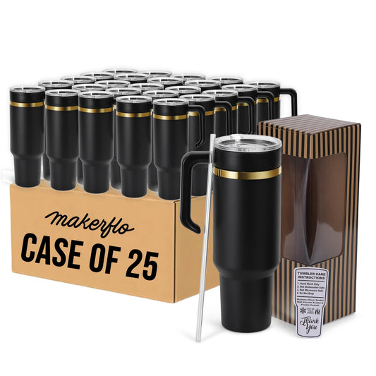 40oz gold electroplated tumbler with handle, black powder coating, by case of 25