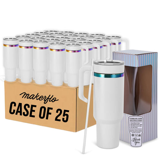 40oz electroplated tumbler with handle, white powder coating, engrave to rainbow, by case of 25