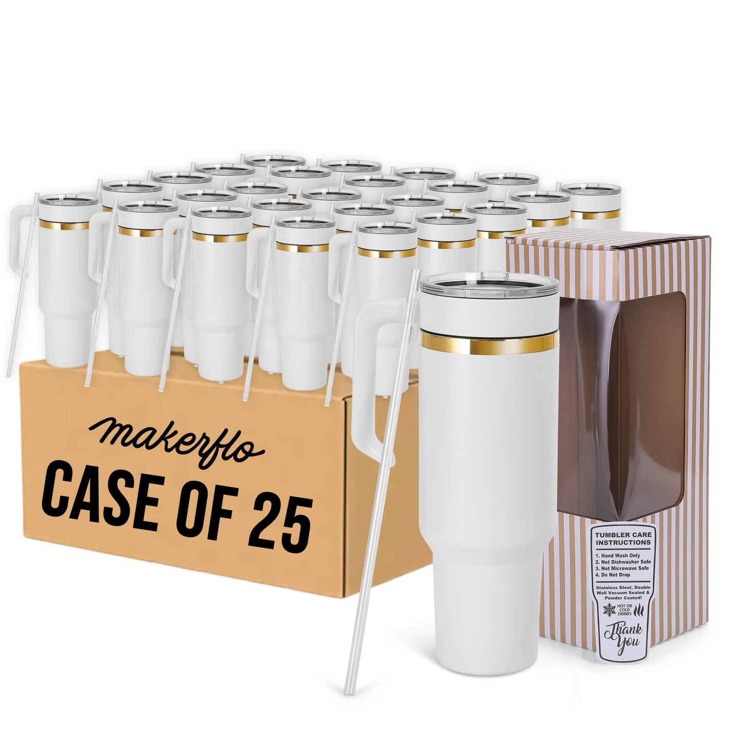 40oz gold electroplated tumbler with handle, white powder coating, by case of 25