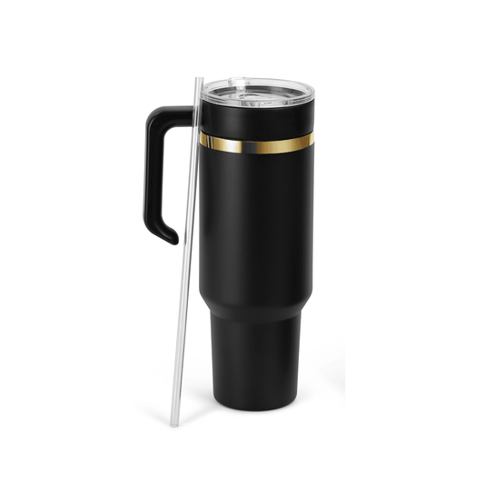 40oz black electroplated tumbler with handle, engraves to gold