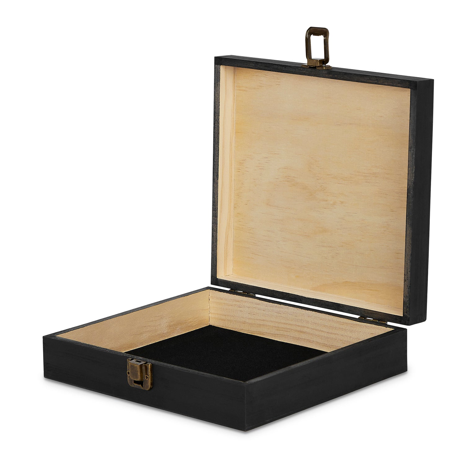 wood cigar box, black, open, hinged lid, felt lined