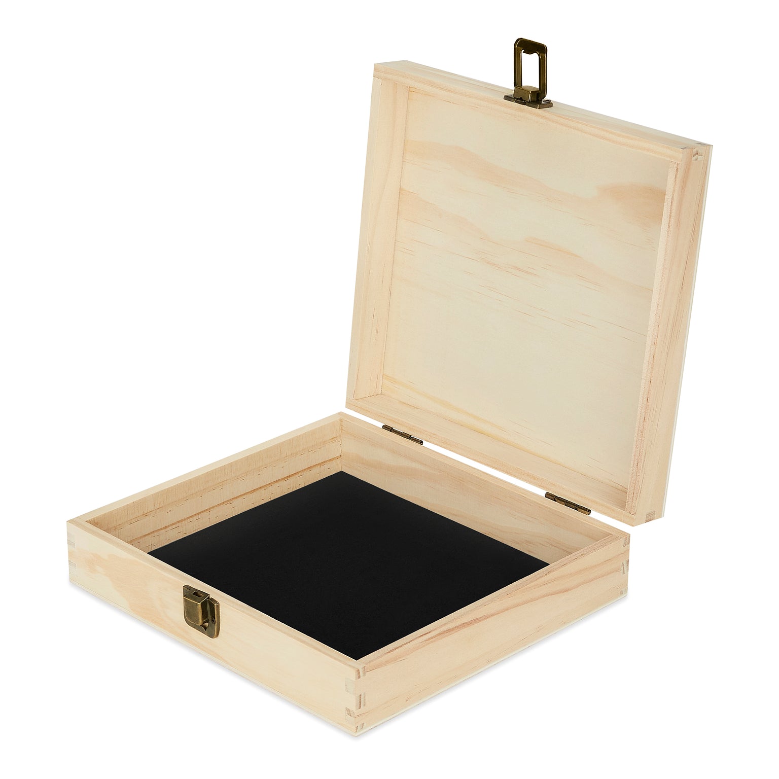 wood cigar box, open, hinged lid, felt lined