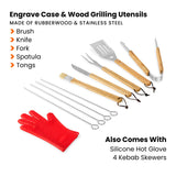 Rubberwood and stainless steel grilling utensil set on a white background, including a spatula, fork, knife, brush, tongs, spatula, skewers, and a red silicone hot glove. Text lists included accessories and materials.