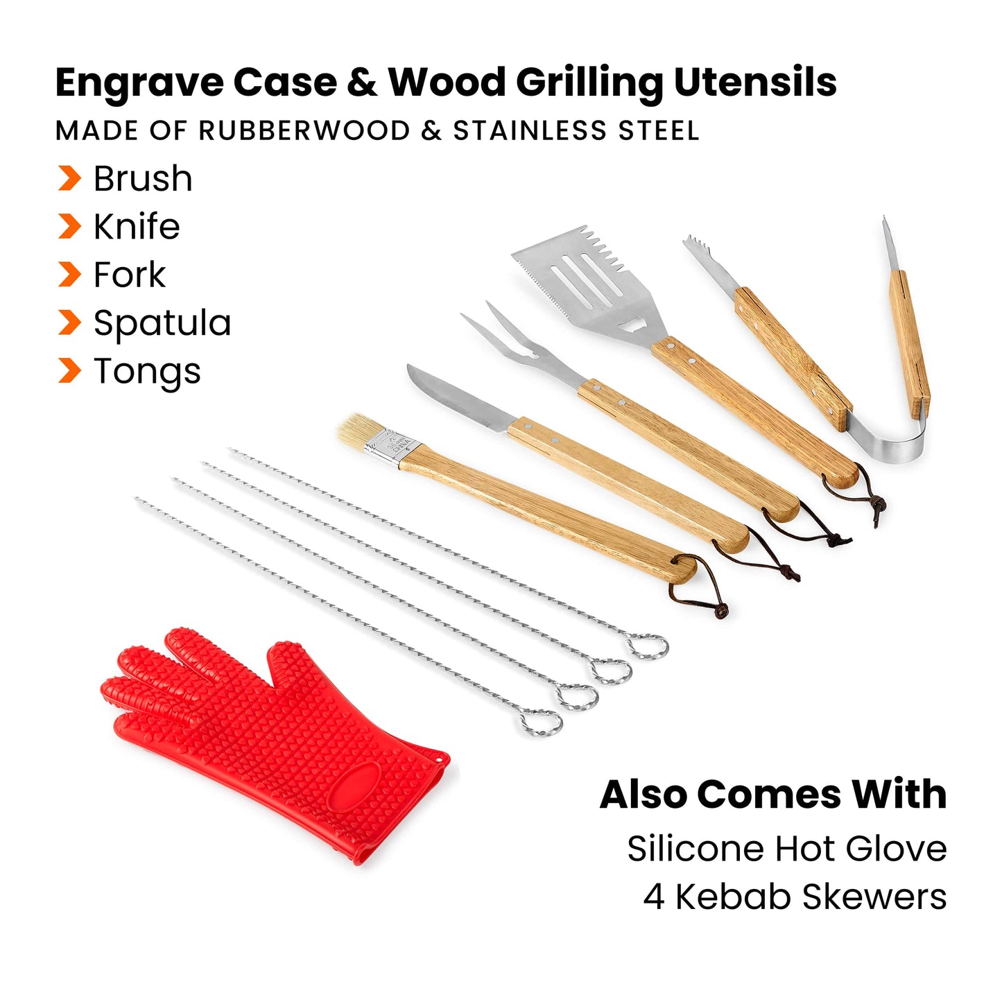 Rubberwood and stainless steel grilling utensil set on a white background, including a spatula, fork, knife, brush, tongs, spatula, skewers, and a red silicone hot glove. Text lists included accessories and materials.