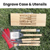A 5-piece wooden BBQ grill set with engraved handles and a matching engraved wooden case, displayed on green grass shown engraved. alongside red heat-resistant gloves and metal tools. The text 'Engrave Case & Utensils' is written at the top.