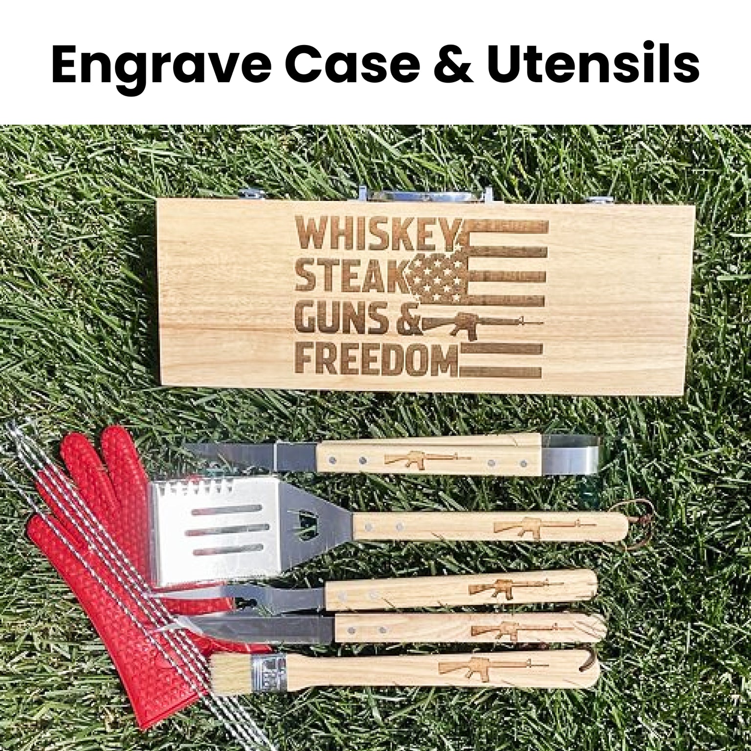 A 5-piece wooden BBQ grill set with engraved handles and a matching engraved wooden case, displayed on green grass shown engraved. alongside red heat-resistant gloves and metal tools. The text 'Engrave Case & Utensils' is written at the top.