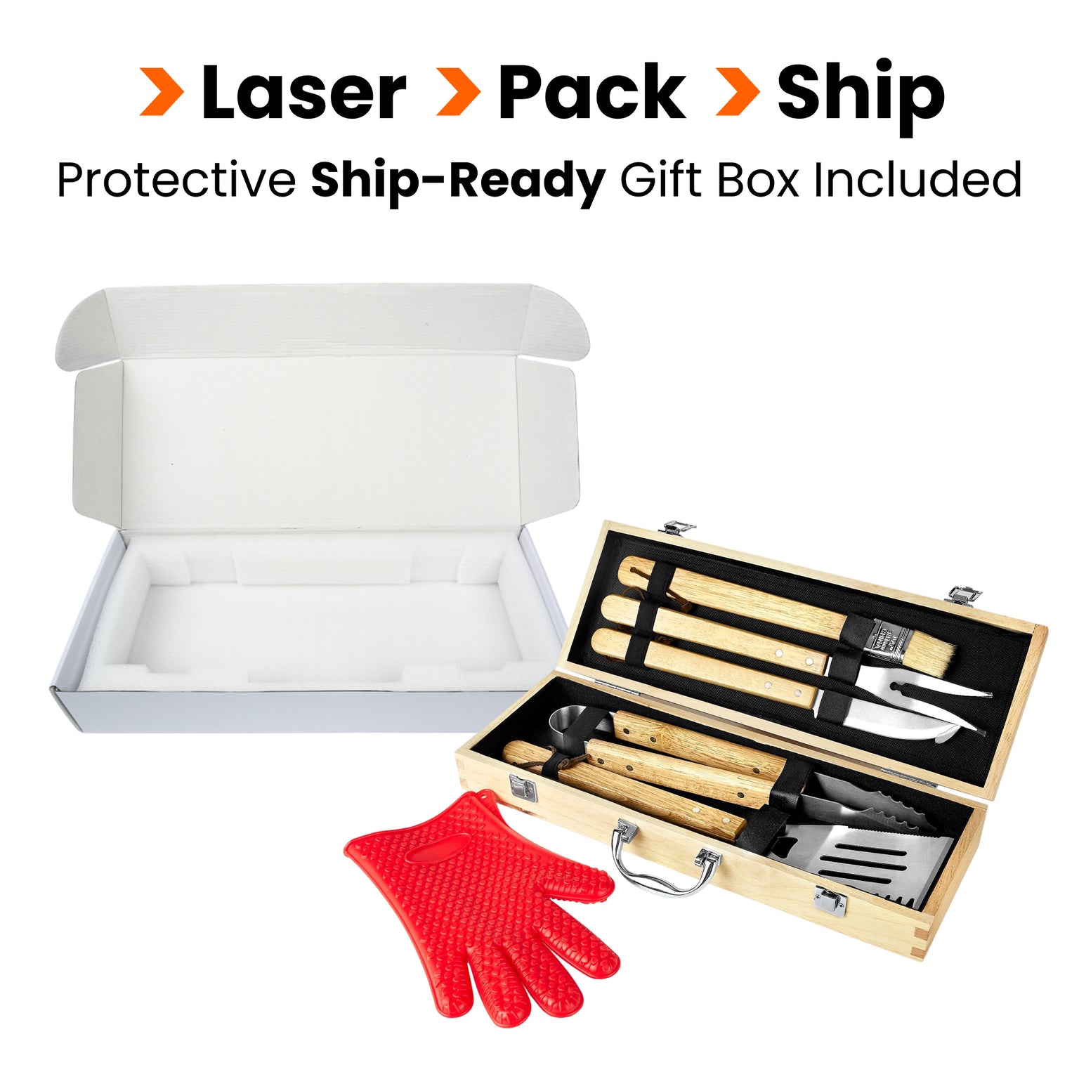 BBQ grill tool gift set with an open wooden case containing metal grilling tools, a red silicone heat-resistant glove, and an open white gift box on a white background with text reading 'Laser Pack Ship Protective Ship-Ready Gift Box Included'.