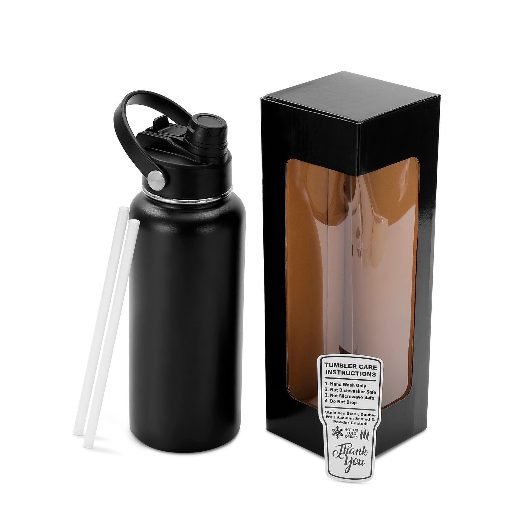 black powder coated water bottle with box and straw