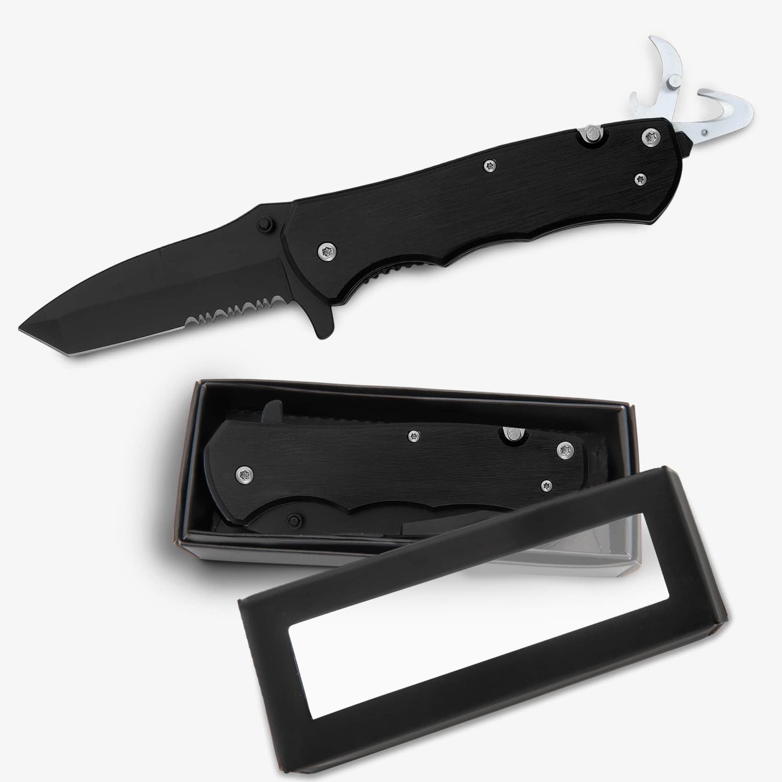 pocket knife, black metal for engraving