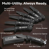 black utility pocket knife - multi-use, serrated edge, gift box, window breaker, bottle opener, easy grip, seat belt cutter