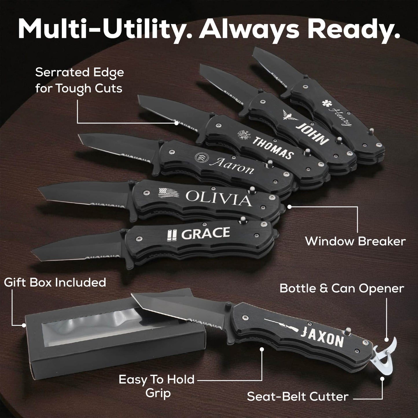 black utility pocket knife - multi-use, serrated edge, gift box, window breaker, bottle opener, easy grip, seat belt cutter