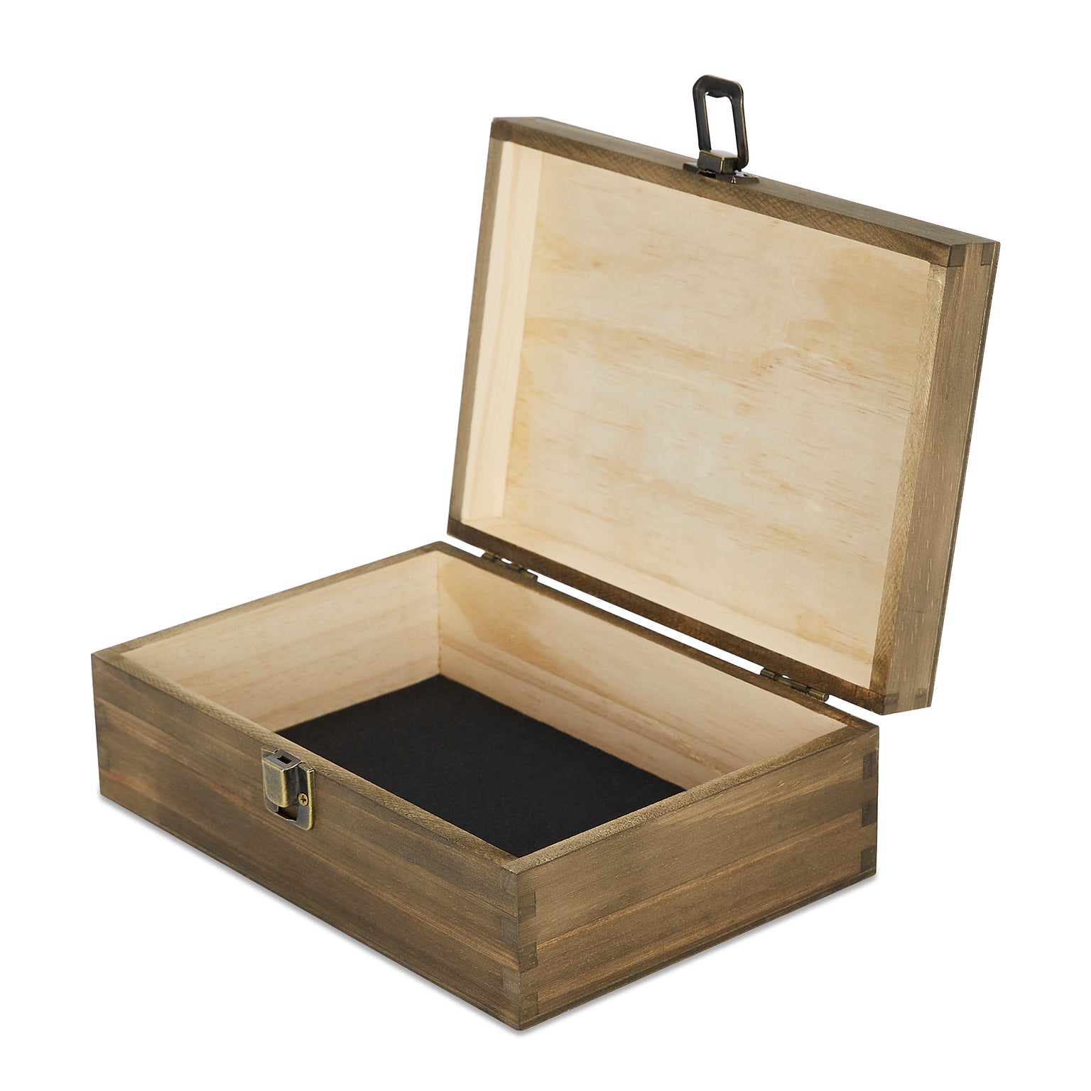 wood memory box, open, hinged lid, front clasp closure, felt lining
