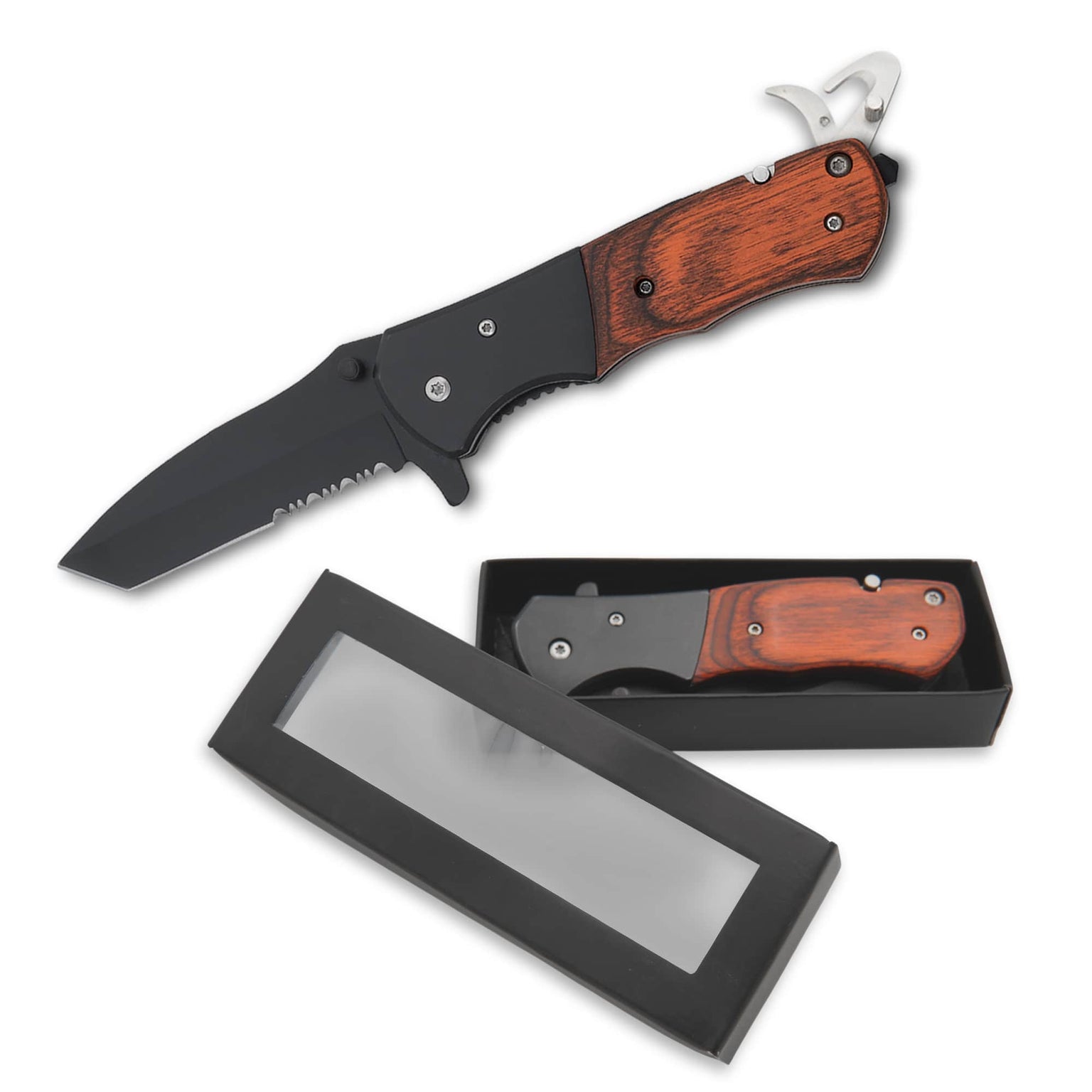 pocket knife in rosewood, shown open and closed with gift box
