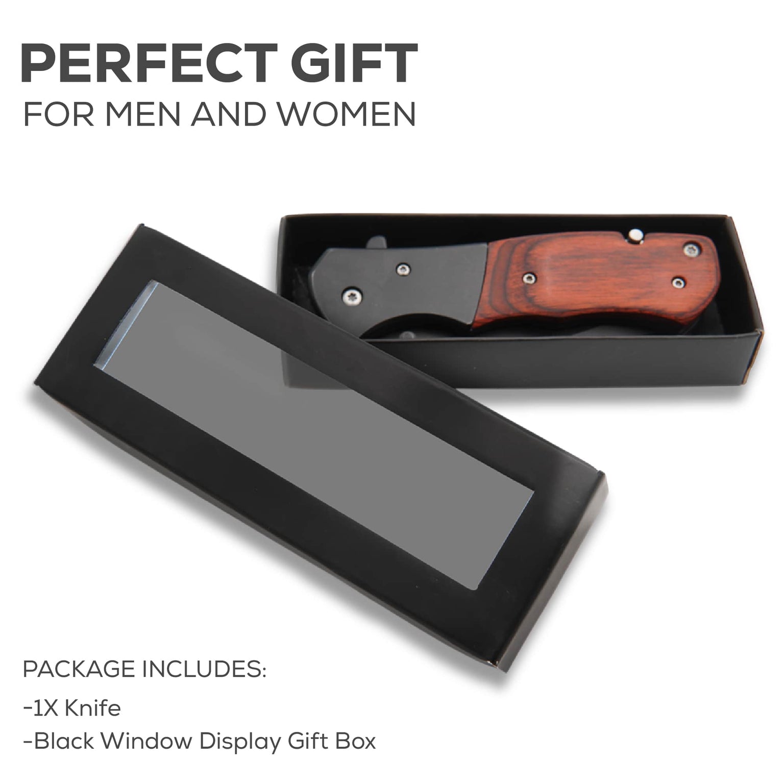 Knife with wooden handle in a black display box on a white background