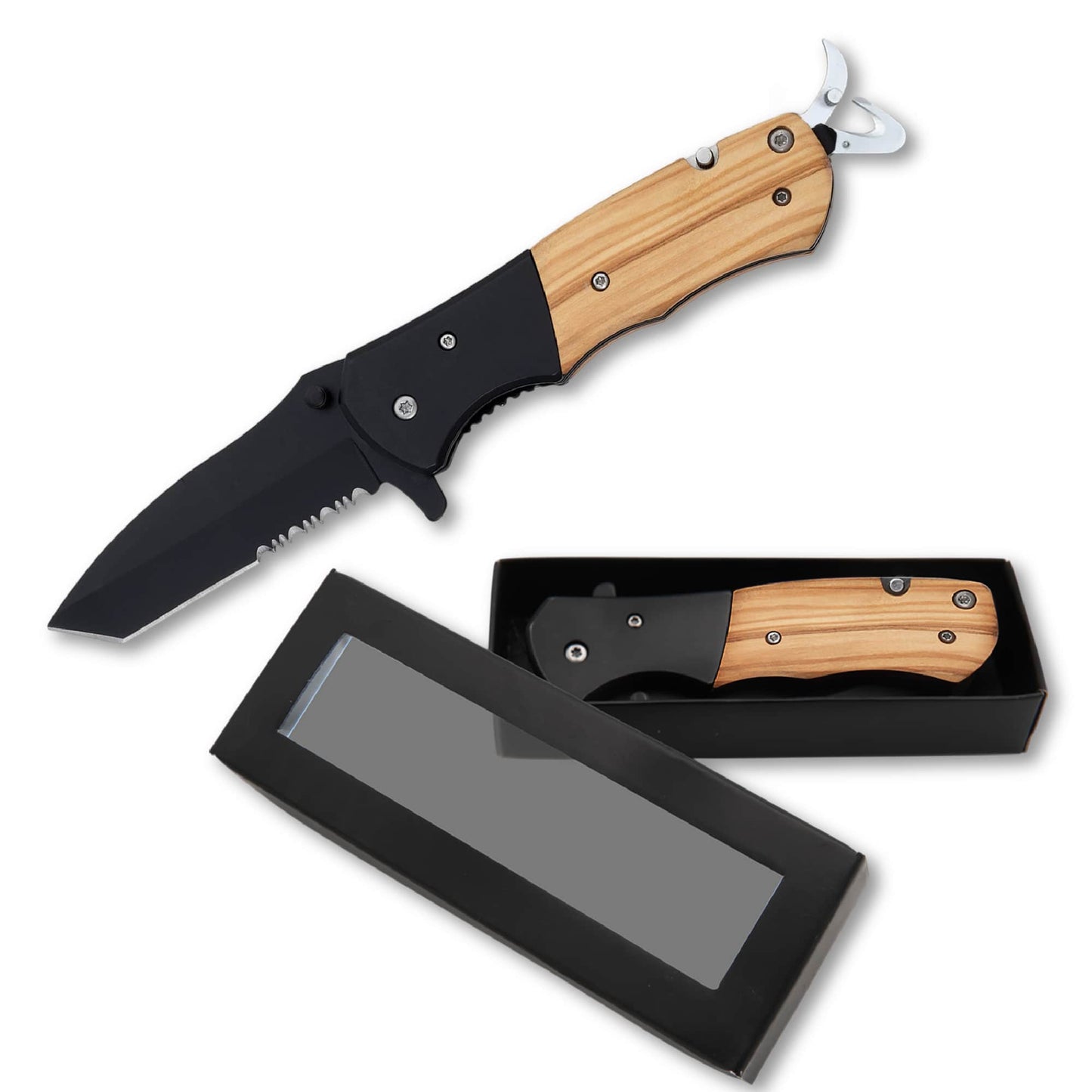 Folding knife with wooden handle and black blade, open and closed, on a white background