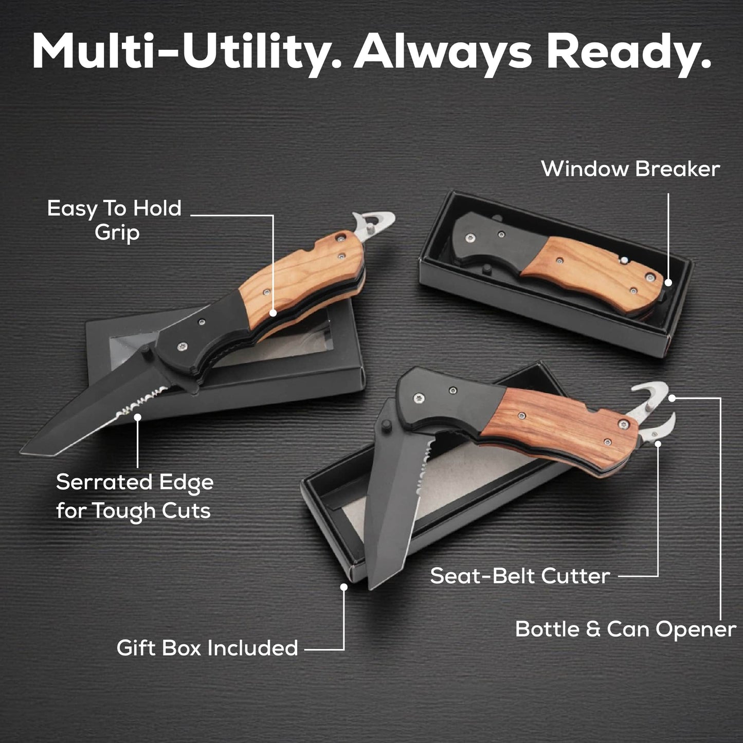 Utility pocket knife - multi-use pocket knife features, "the beast"