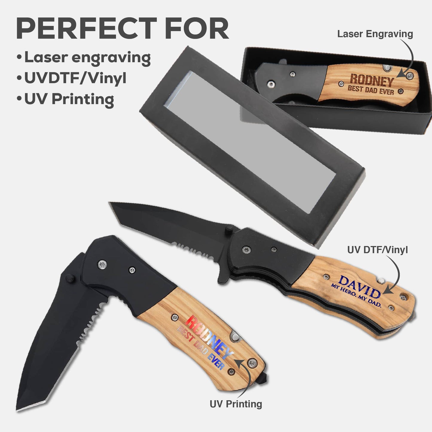 Two folding knives with engraved names on a white background, featuring text about engraving methods.