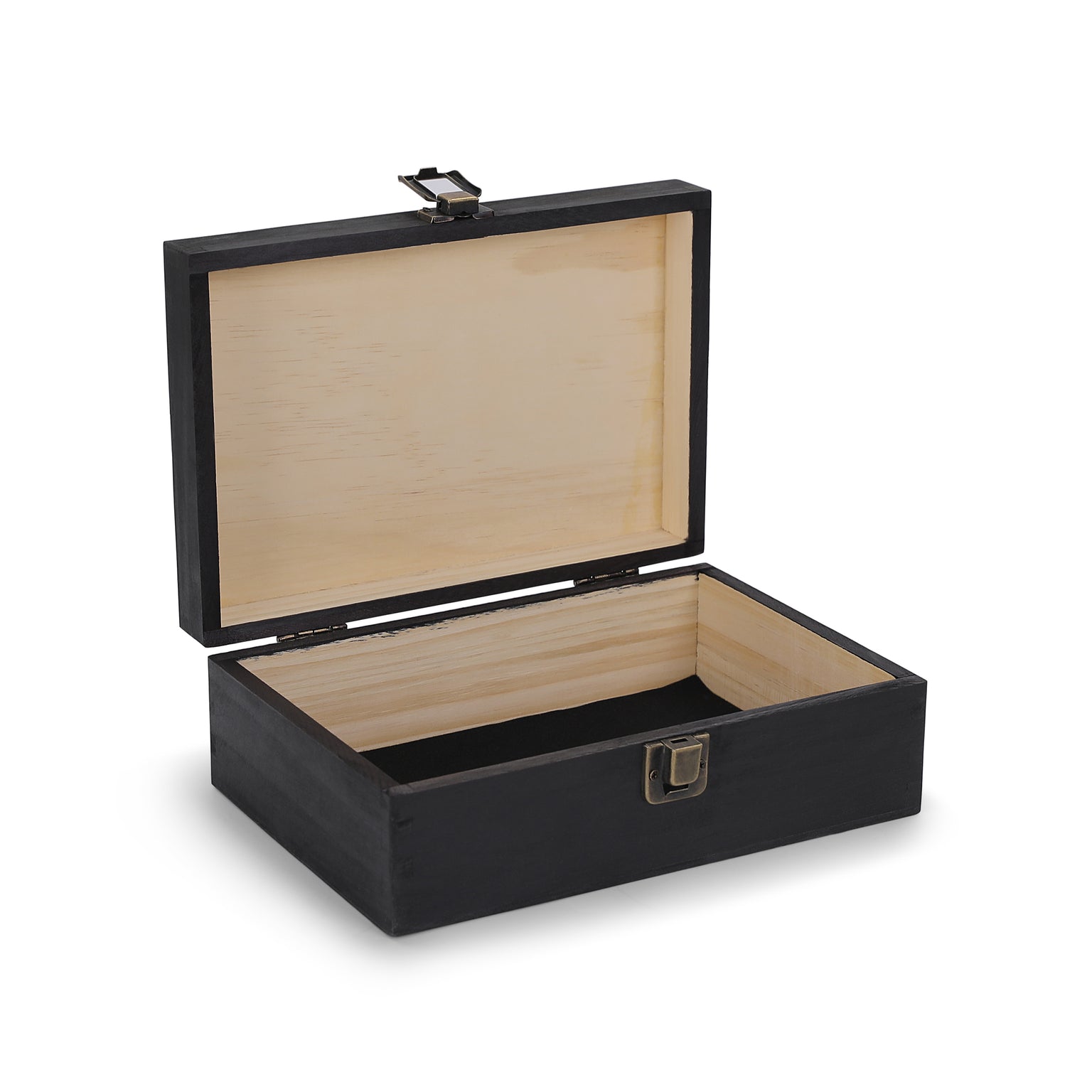 wood memory box, open, hinged lid, felt line, clasp close