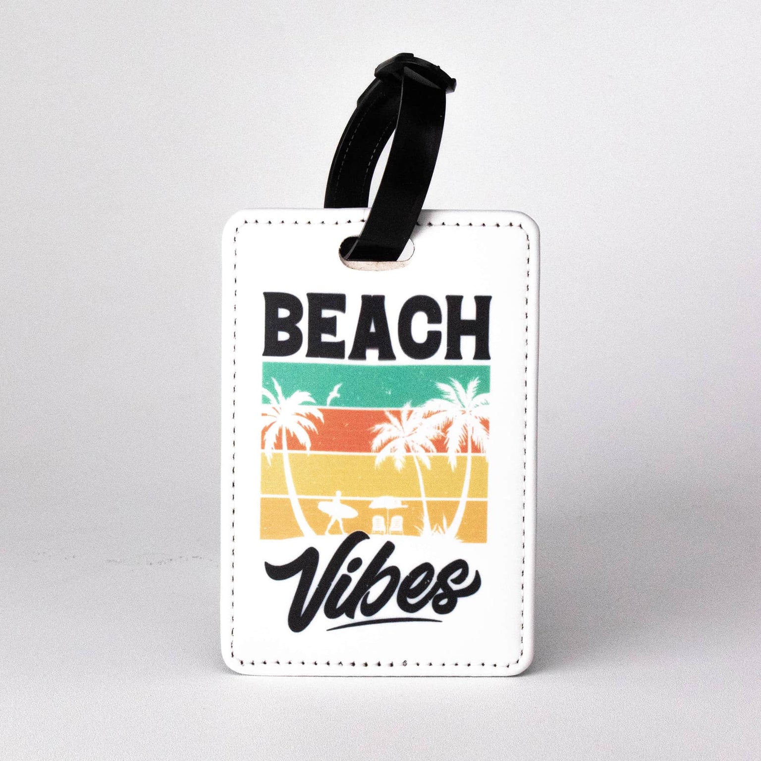 sublimated luggage tag with beach vibes design