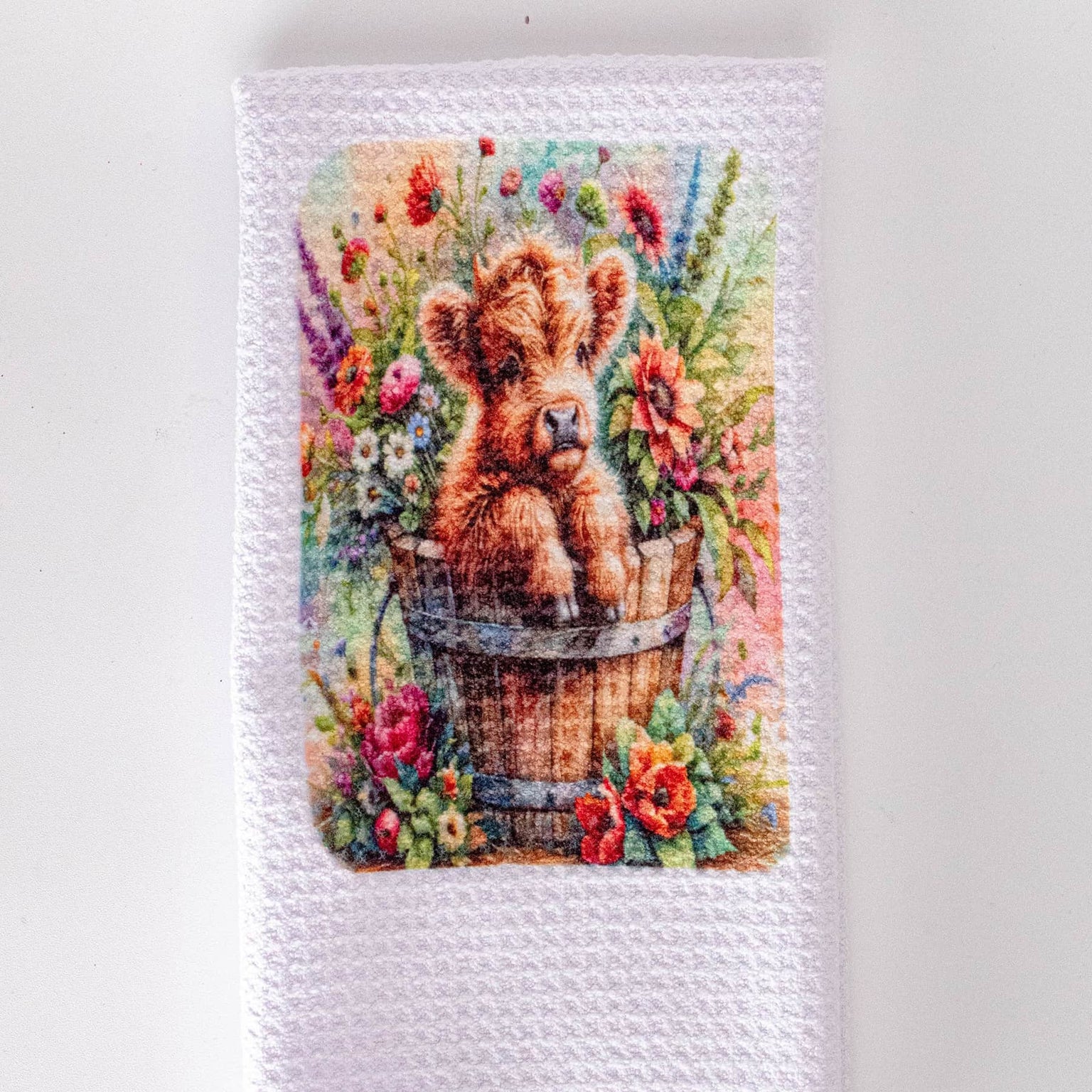 sublimated kitchen towel with baby cow