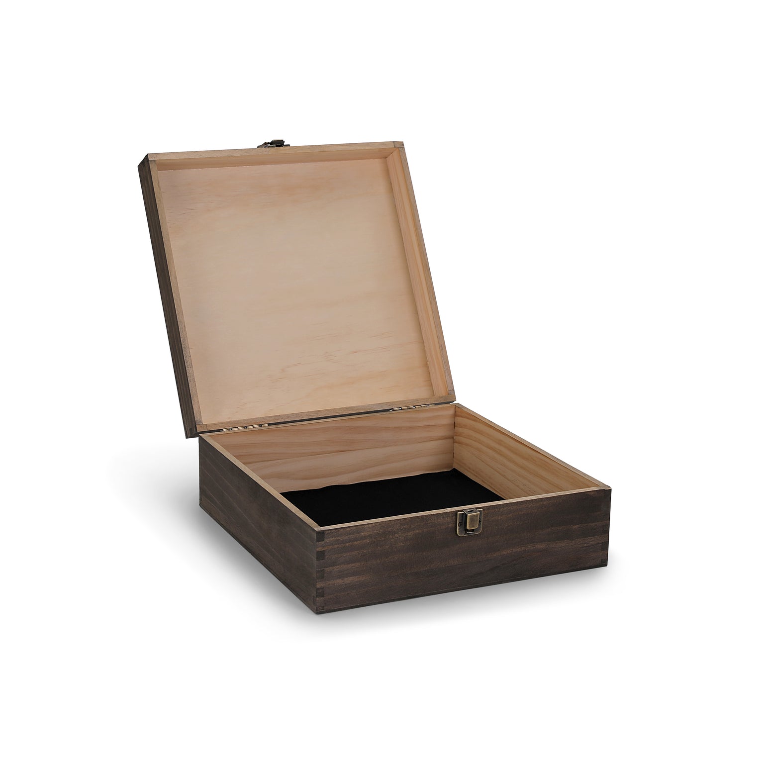 wood storage box, walnut, open, hinged lid, felt lined