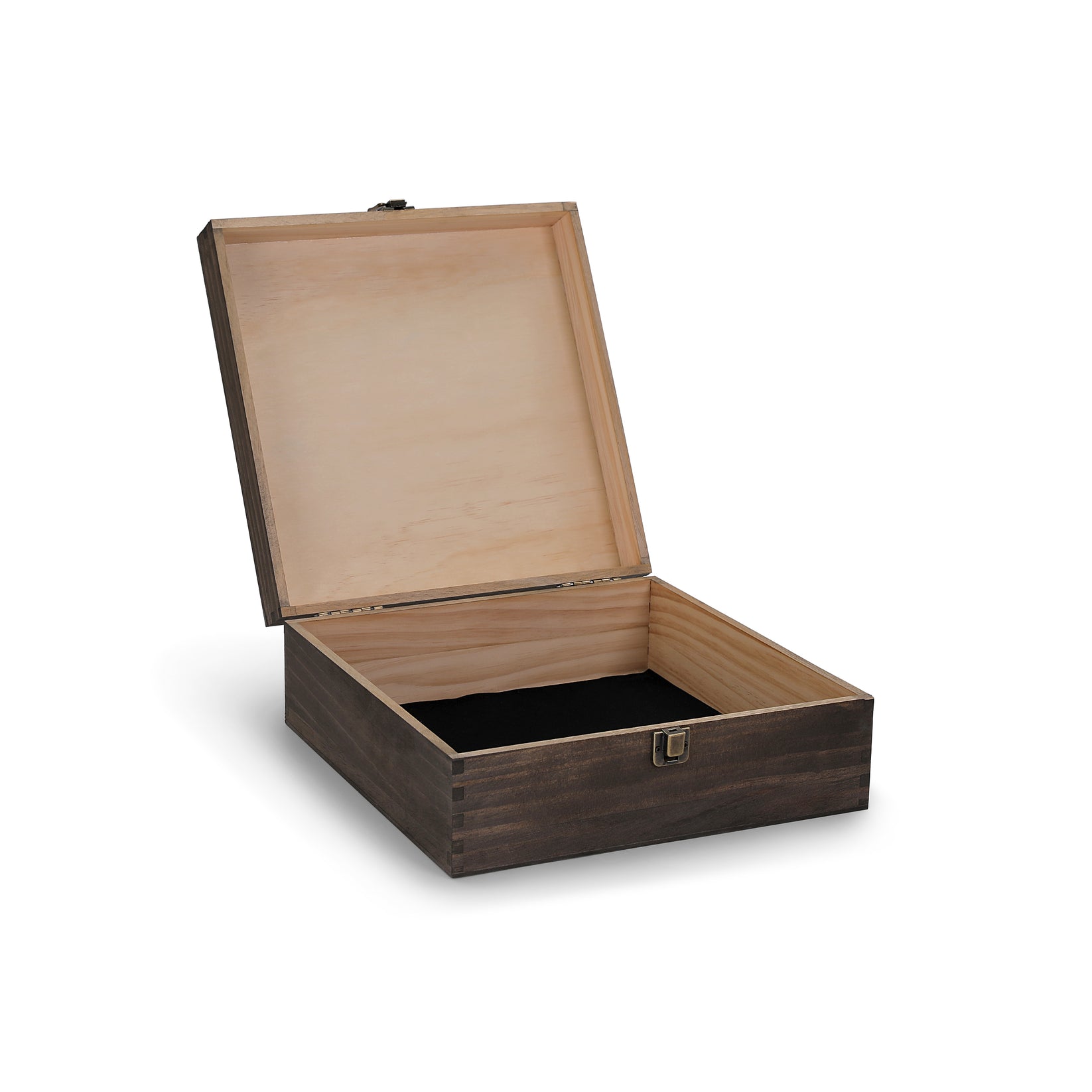 wood storage box, walnut, open, hinged lid, felt lined
