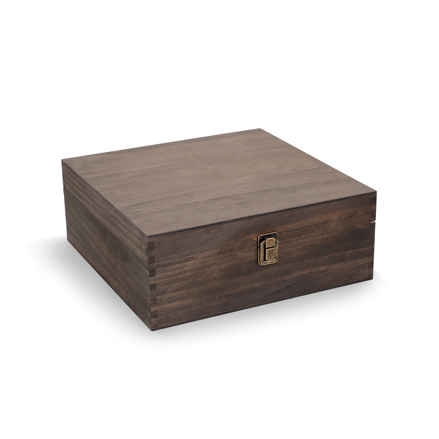 wood storage box, walnut, front clasp closure
