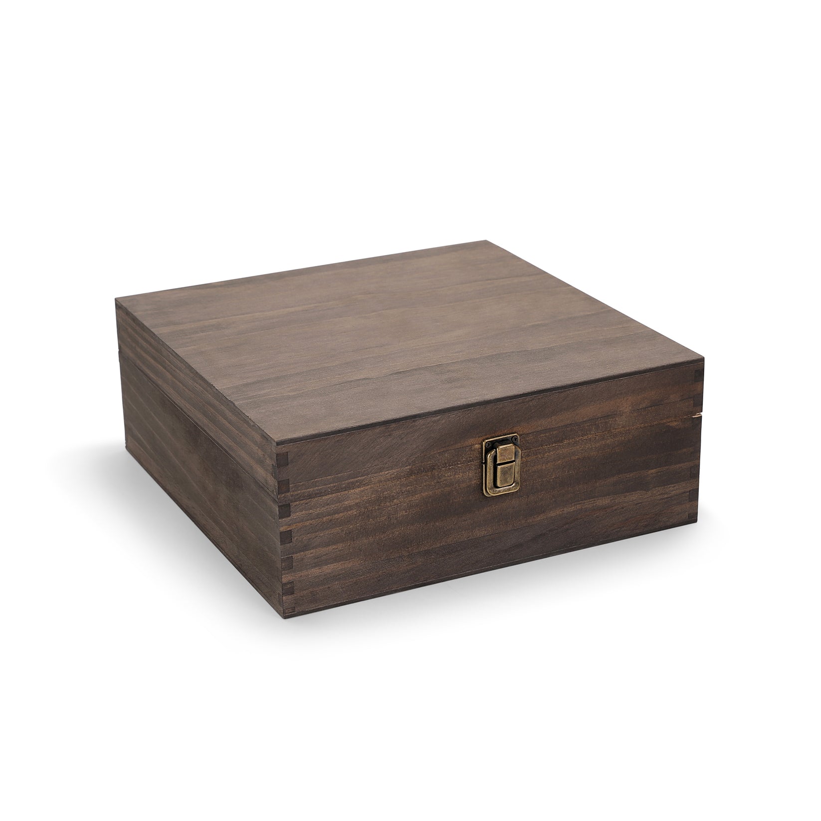 wood storage box, walnut, front clasp closure