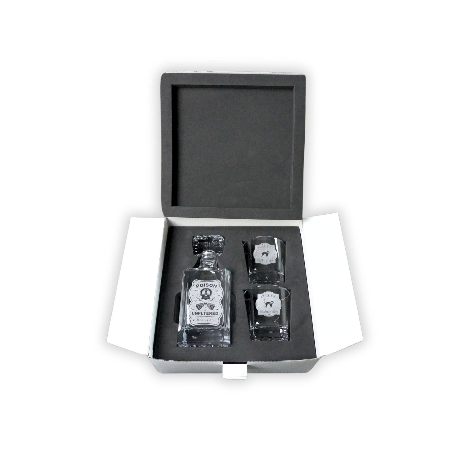 engraved decanter and rocks glass in foam box set