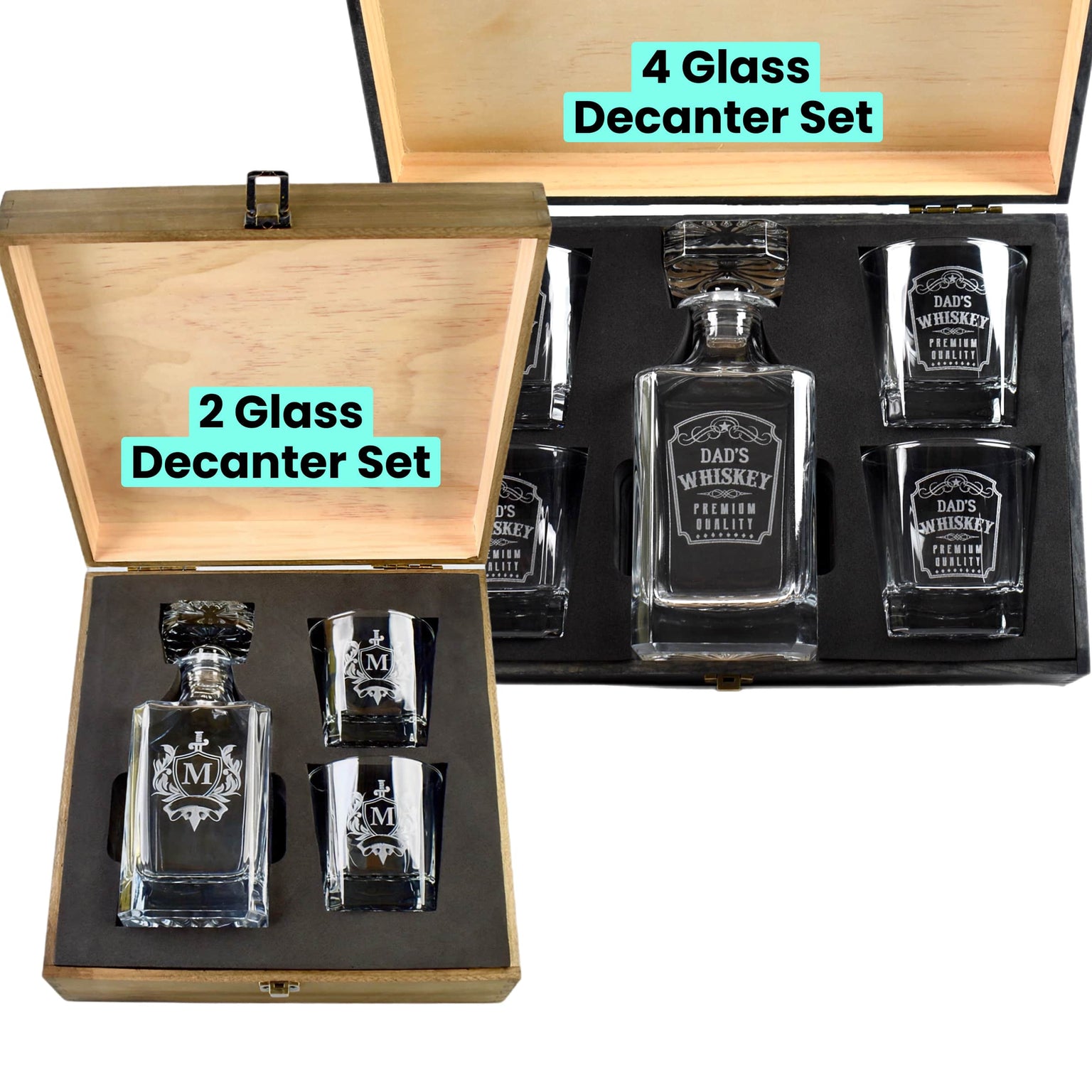 Decanter Set, 2 Glass & 4 Glass shown engraved