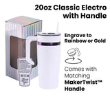 20oz electroplated tumbler with twist on handle, white with rainbow electroplating