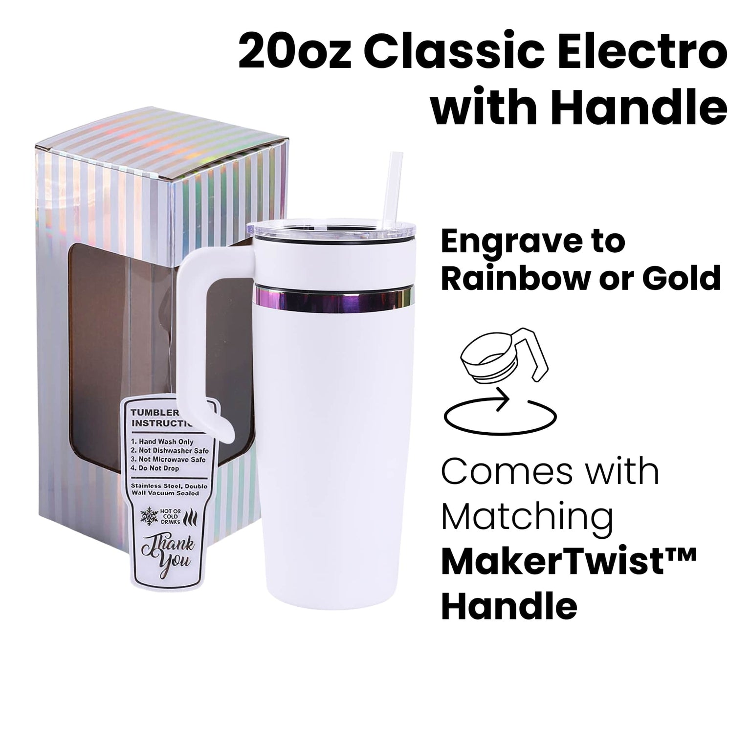 20oz electroplated tumbler with twist on handle, white with rainbow electroplating