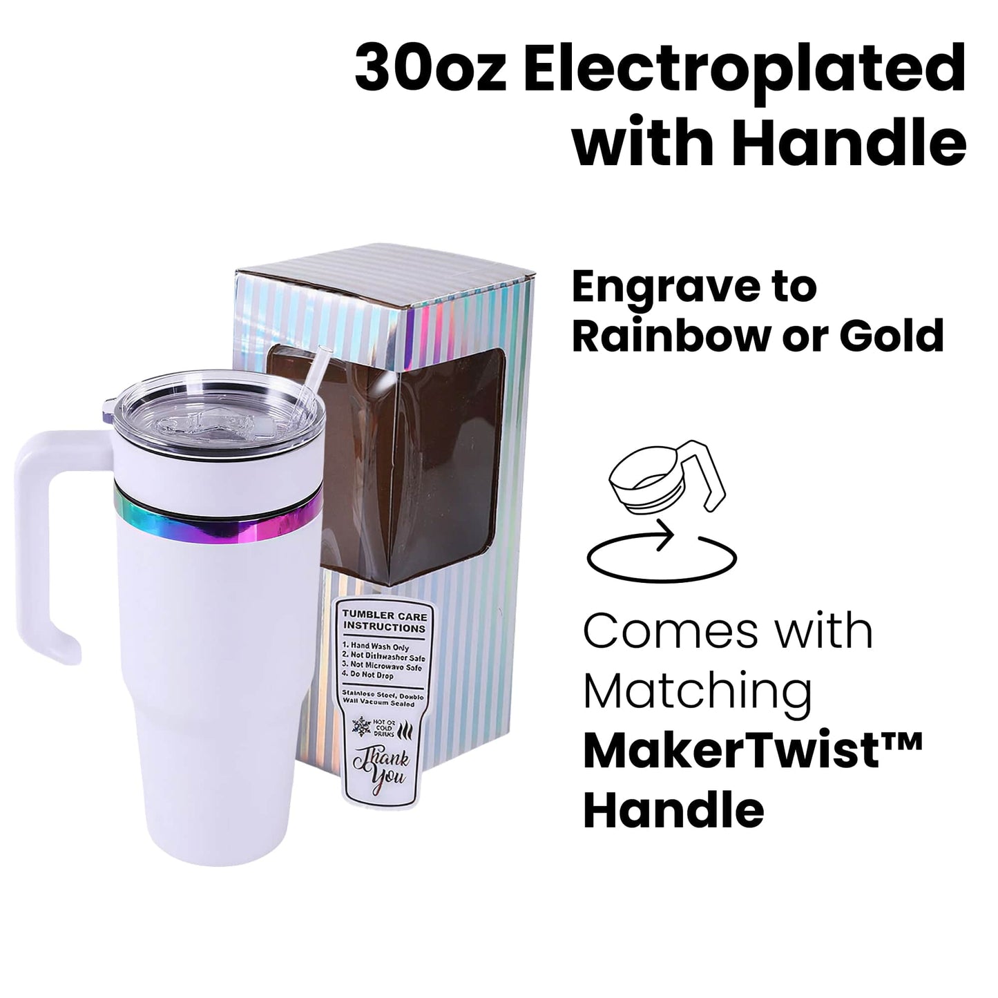 30oz electroplated 30oz tumbler with handle in white with rainbow electro plate