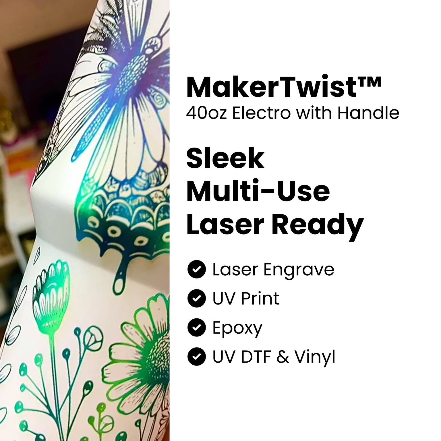 40oz Electroplated MakerTwist Tumblers, include twist on handle, seamless for full wrap engraving