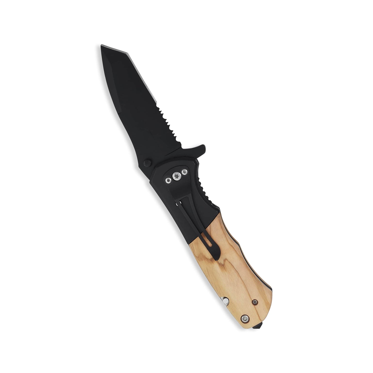 Folding pocket knife with black blade and wooden handle, back with belt clip