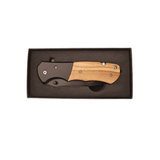 pocket knife with wooden handle in a brown box on a white background