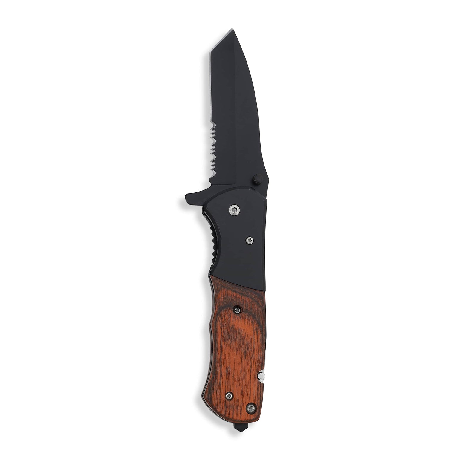 rosewood pocket knife, open, front, engravable handle and blade