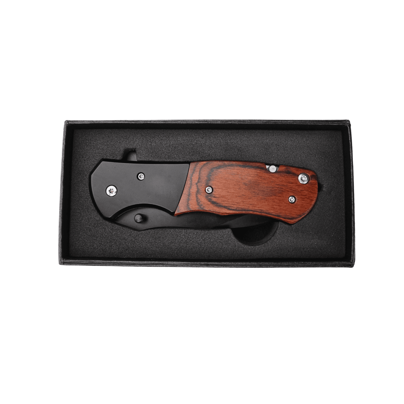 pocket knife, closed, in gift box with black foam insert