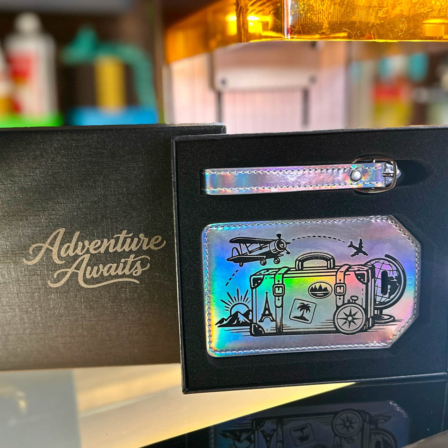 Laserette, Leatherette luggage tag, holographic leatherette, engraved
