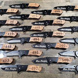 laser engraved pocket knives, shown with blade and handle laser engraved