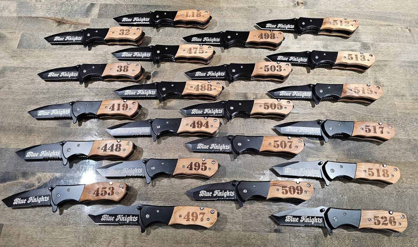 laser engraved pocket knives, shown with blade and handle laser engraved