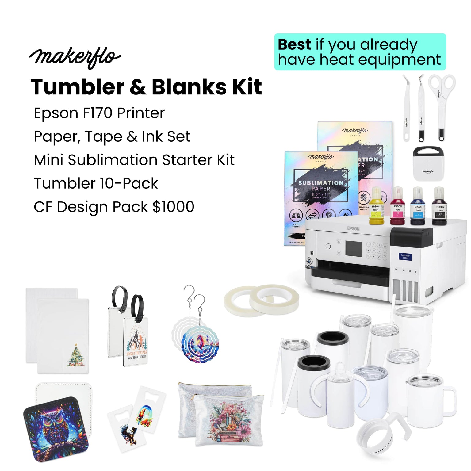 sublimation printer bundle with printer, tumblers and blanks kit