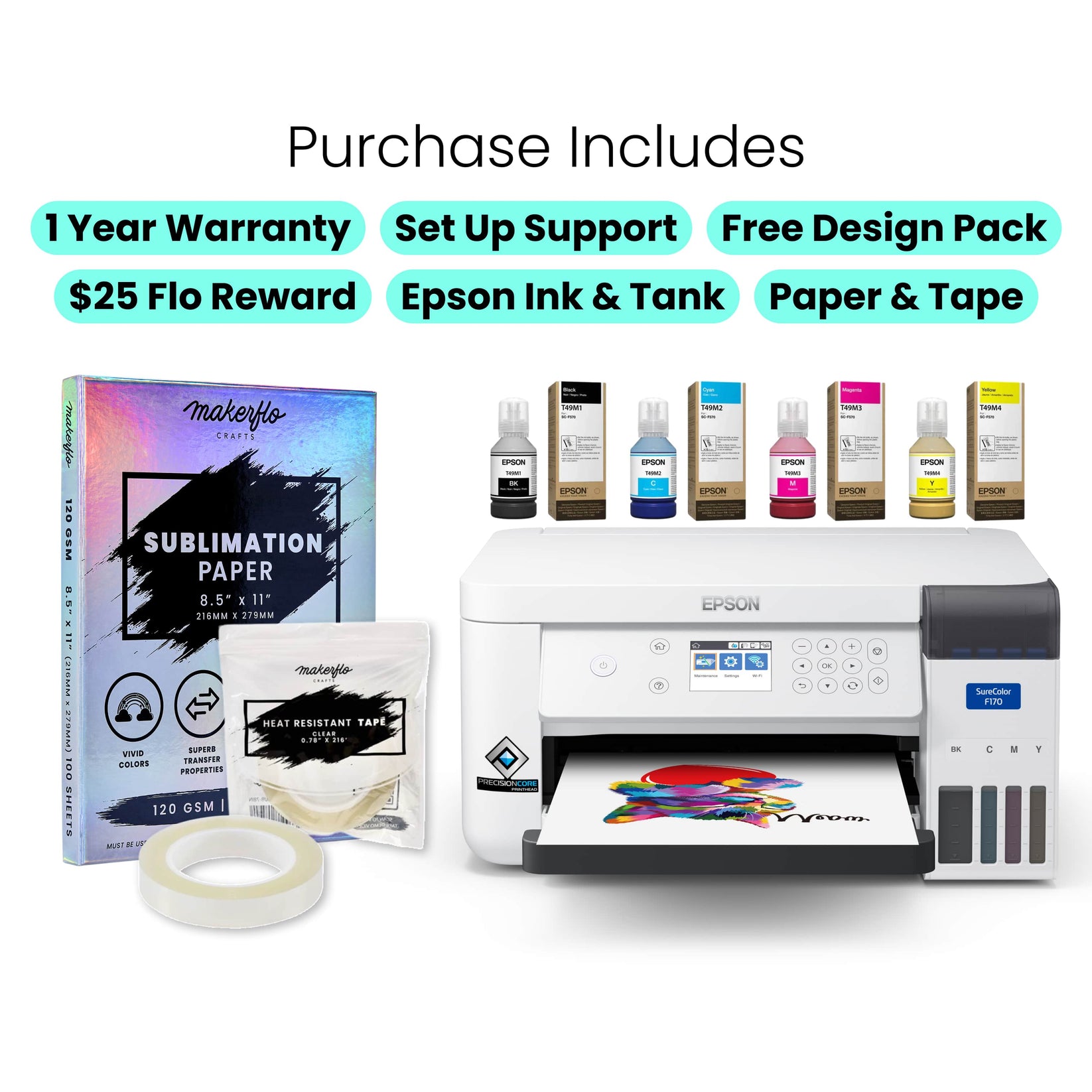 Epson F170 printer includes warranty, support, design pack, full set epson ink, paper 