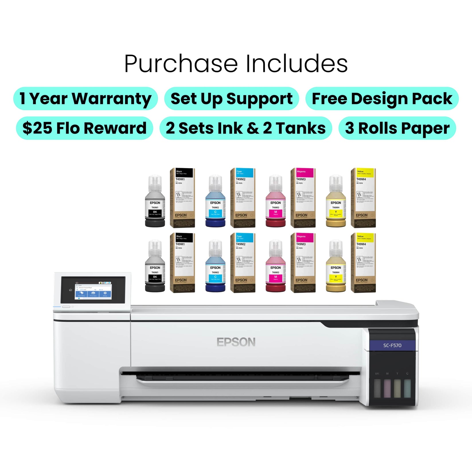 epson f570 purchase includes 1 year warranty, support, design pack, flo reward, 2 sets ink, 2 tanks & 3 rolls paper